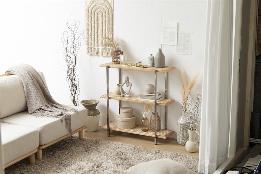 ラタン3段ラック シェルフ ナラ無垢材 | Komero 天然素材使用｜Fresk