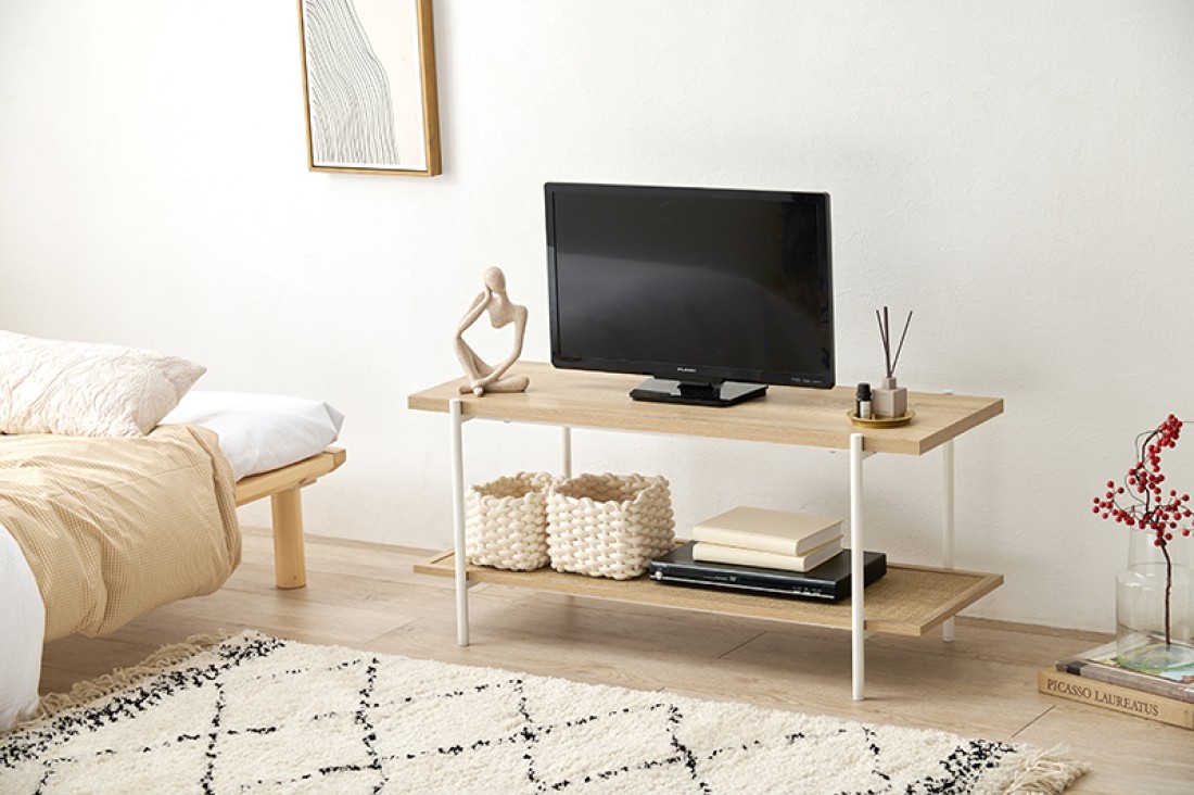 オープンシェルフテレビ台(天然木材) ラタン調オープンラック 2段タイプ テレビ台 テレビボード｜Fresk