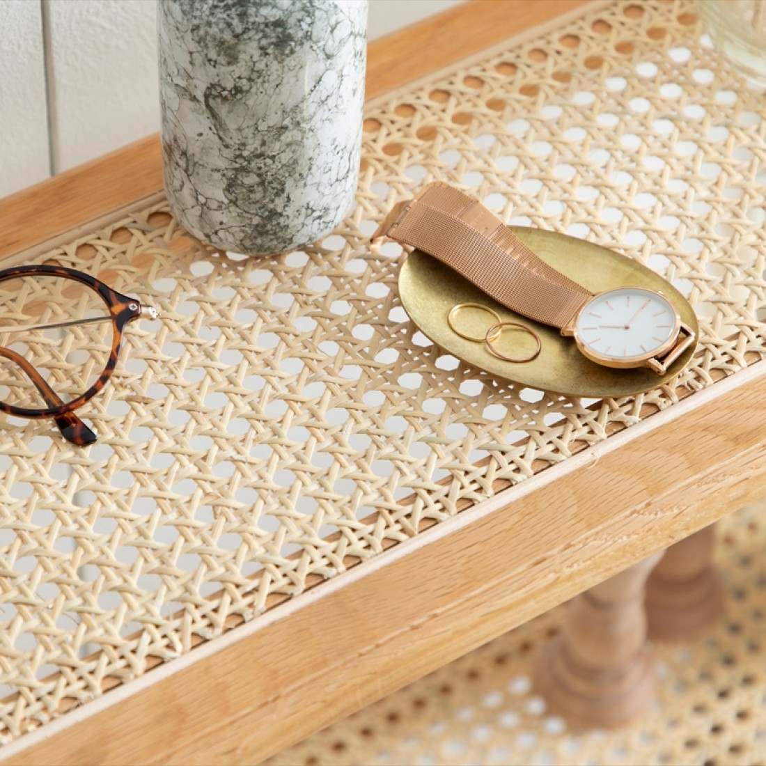 ラタン3段ラック シェルフ ナラ無垢材 | Komero 天然素材使用｜Fresk