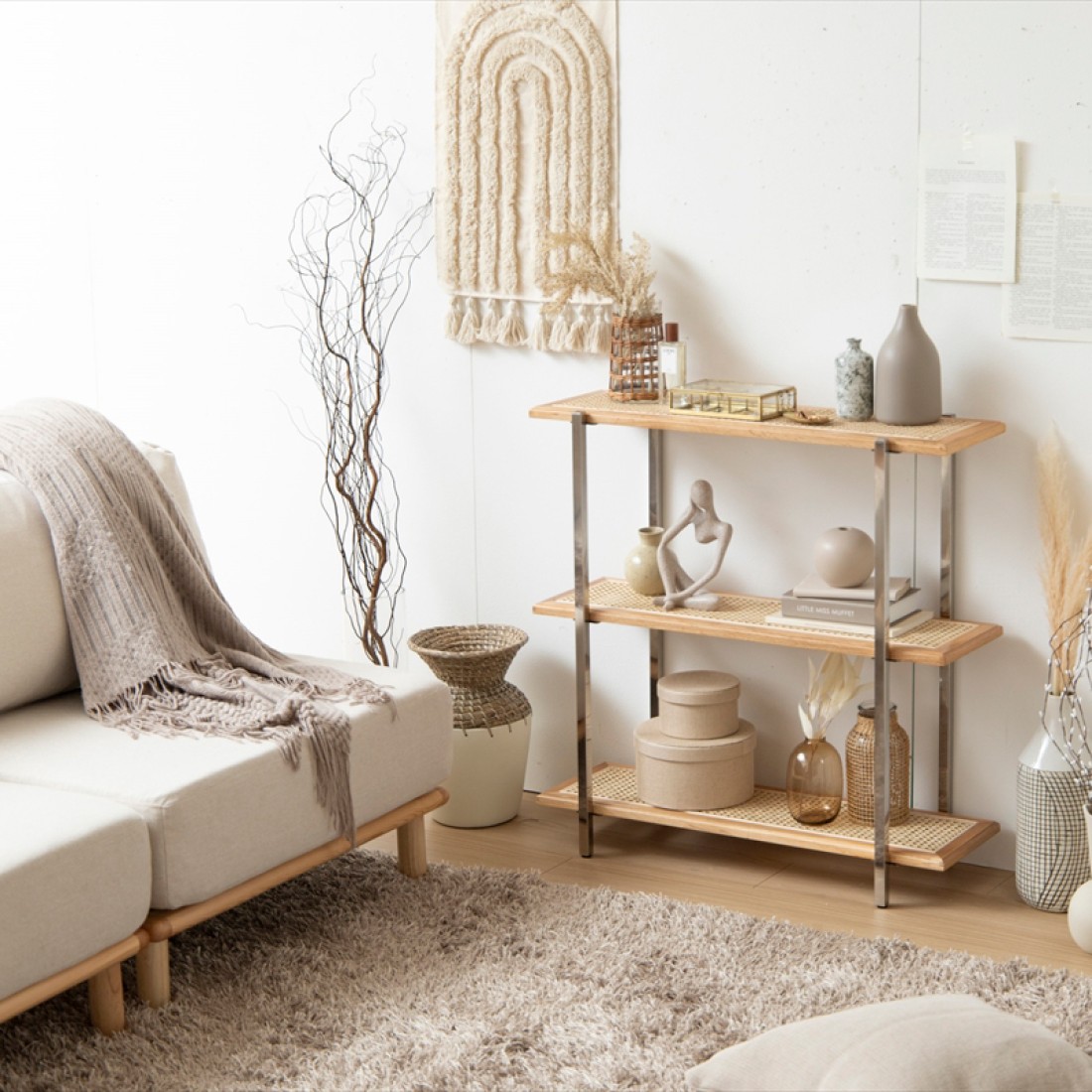 ラタン3段ラック シェルフ ナラ無垢材 | Komero 天然素材使用｜Fresk