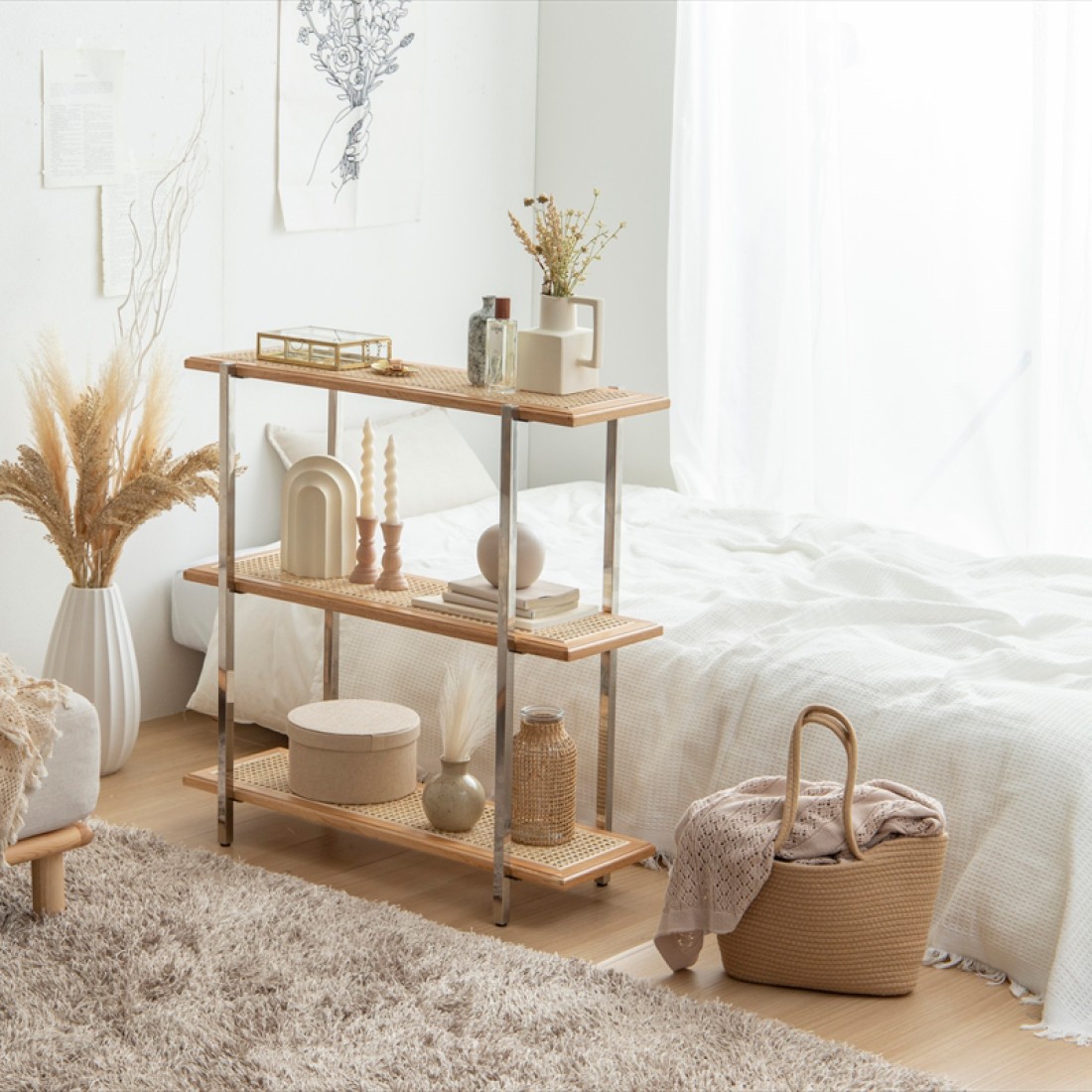 ラタン3段ラック シェルフ ナラ無垢材 | Komero 天然素材使用｜Fresk