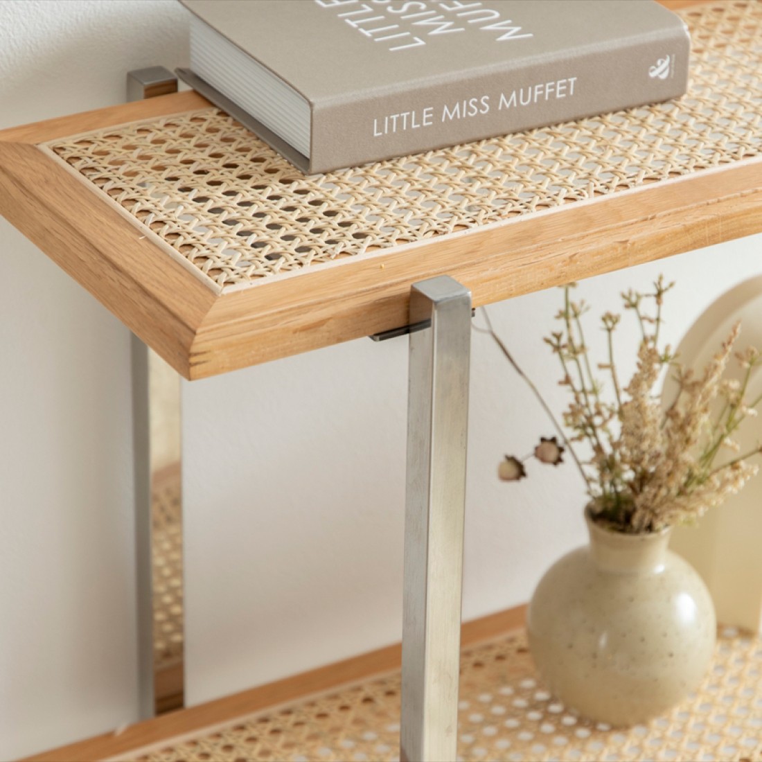 ラタン3段ラック シェルフ ナラ無垢材 | Komero 天然素材使用｜Fresk