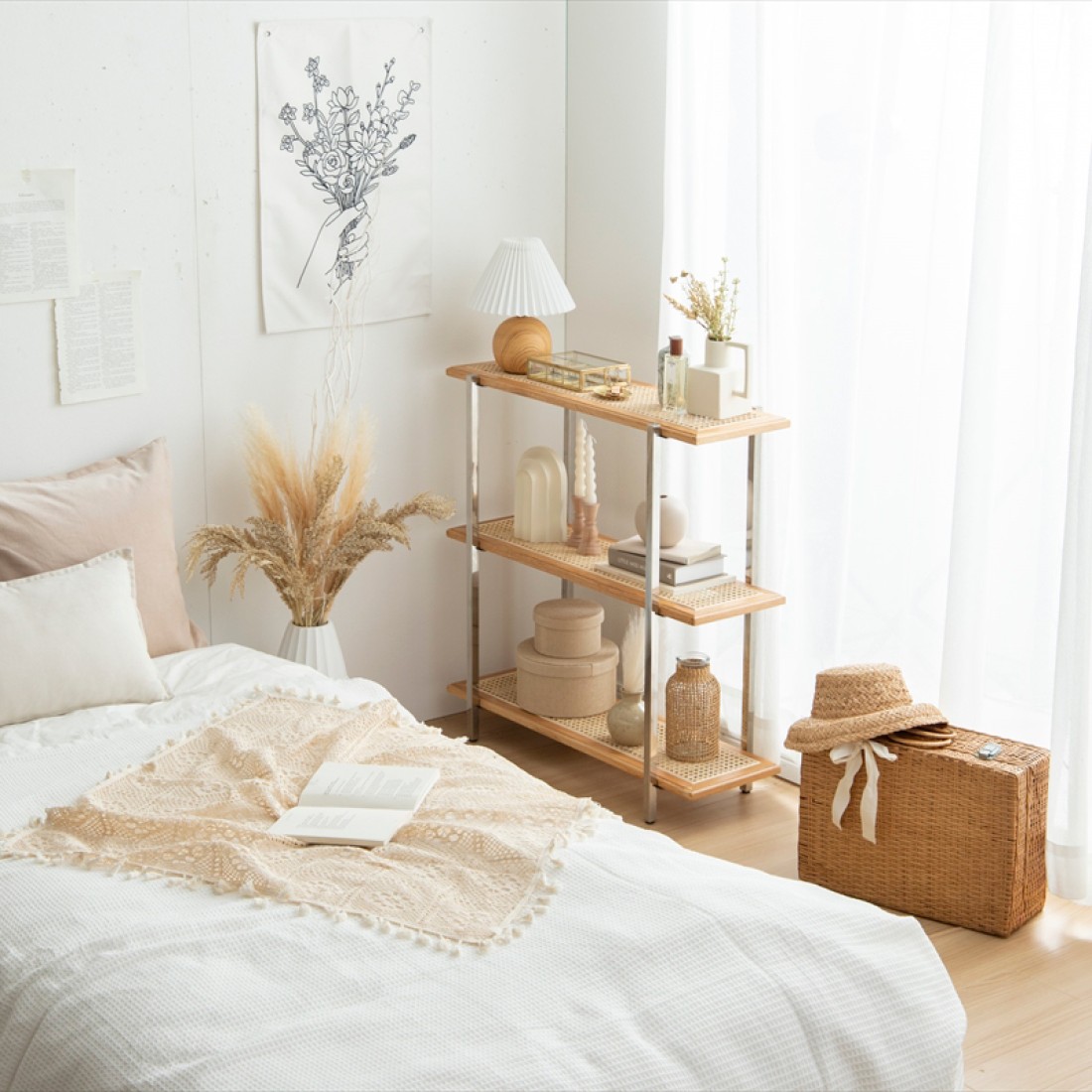 ラタン3段ラック シェルフ ナラ無垢材 | Komero 天然素材使用｜Fresk