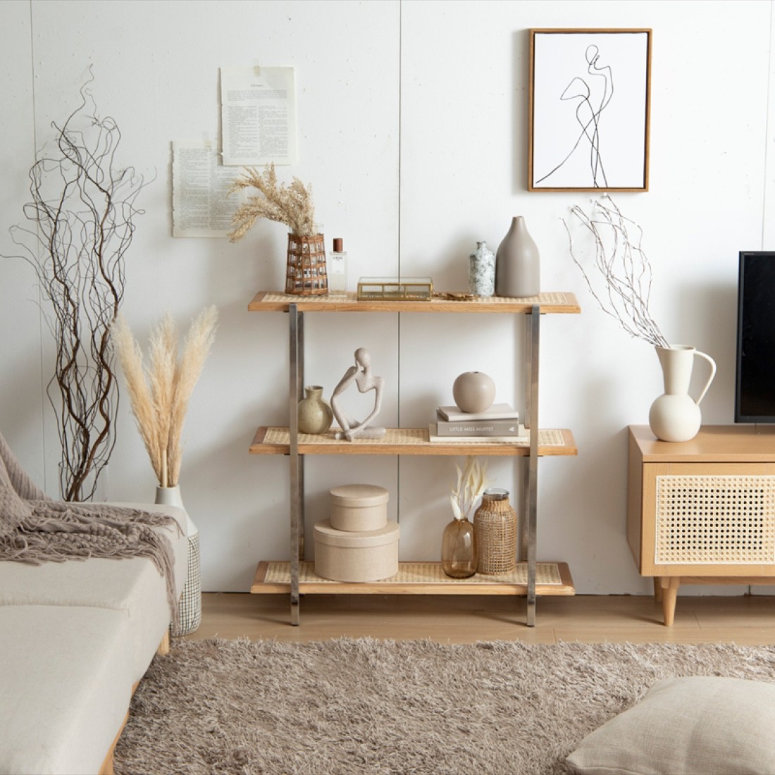 ラタン3段ラック シェルフ ナラ無垢材 | Komero 天然素材使用｜Fresk