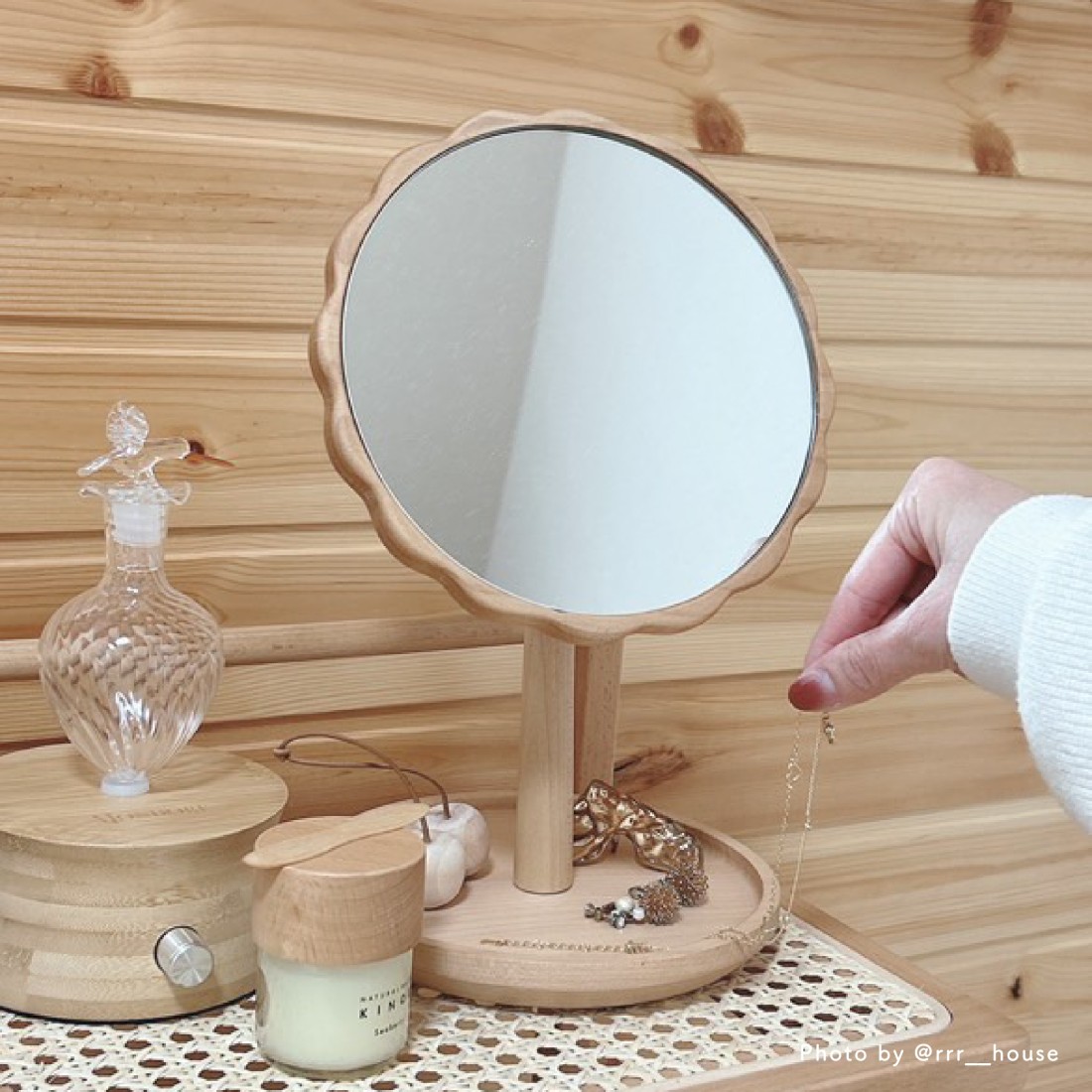 天然木お花のスタンドミラー 卓上ミラー｜Fresk（フレスク）